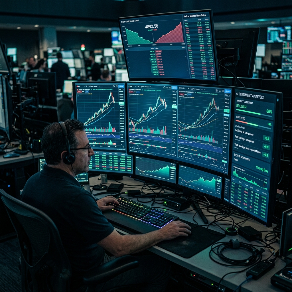 SynapseTrade institutional trading terminal with real-time candlestick charts, AI sentiment panels, and order book depth visualization